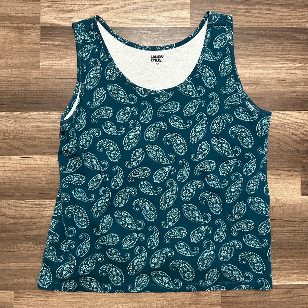 Lands' End Tank Top Women XL/P 18 Blue Paisley Sleeveless Scoop Neck Coastal